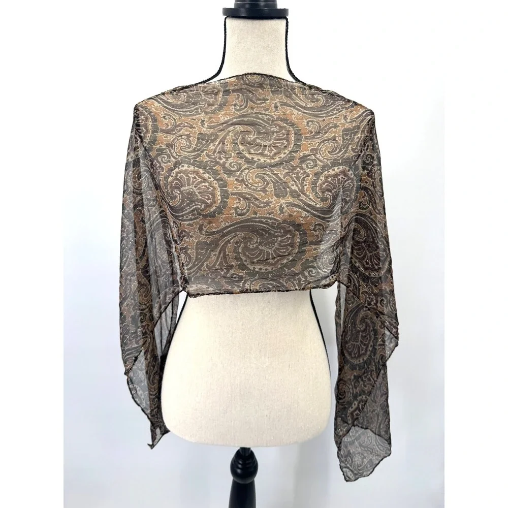 Cejon Brown Gold Silk Paisley Scarf Wrap Boho Earthy Lightweight Sheer Shawl